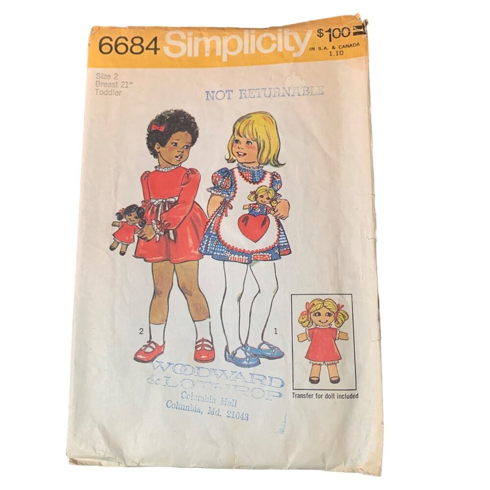 Simplicity 6684 Vintage 1974 Toddler Doll Transfer Sewing Pattern Size 2